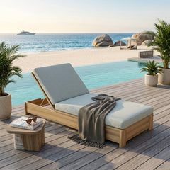 Anderson Teak Madera Sun Lounger made of A-grade teak wood, featuring a sleek design and available in five designer colors.