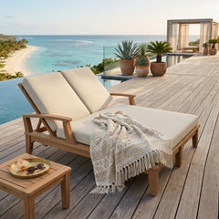 Anderson Teak Brianna double sun lounger with A-grade teak wood, featuring a sleek design and multiple color options for outdoor lounging.