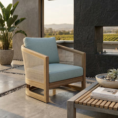 Outdoor Catania deep seating armchair by Anderson Teak with plush cushions in six designer colors, perfect for patio and garden lounging.