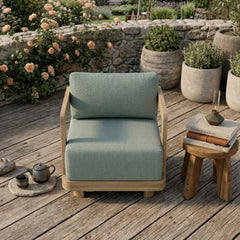 Anderson Teak Granada deep seating armchair with plush cushions in a designer color, outdoor patio and garden accent chair.
