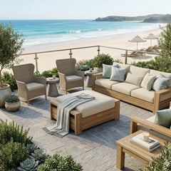 Luxury Anderson Teak Madera Ottoman in natural teak wood, outdoor patio footstool with a sleek, modern design and six color options.