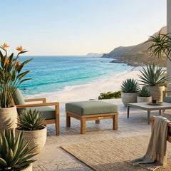 Southbay deep seating ottoman by Anderson Teak, luxury outdoor teak footstool in designer colors for patio lounging.
