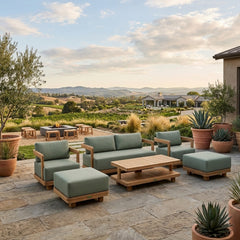 Six-piece Anderson Teak Granada deep seating outdoor patio sofa set with teak frames and plush cushions for garden lounge comfort.