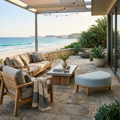 Coronado outdoor teak ottoman by Anderson Teak, luxury patio footstool in six designer colors, sturdy teak construction.