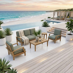 Anderson Teak Brianna deep seating outdoor patio sofa set in a garden lounge with plush cushions, available in 9 designer colors.