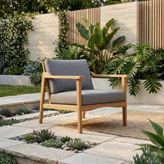 Anderson Teak Amalfi deep seating armchair in outdoor accent chair style with plush cushions, available in 9 designer colors.