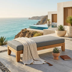 Riviera 60-inch outdoor daybed by Anderson Teak with A-grade teak wood, designed for garden lounging in a stylish, modern outdoor setting.