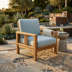 Southbay teak wood deep seating accent armchair by Anderson Teak in a natural wood finish, designed for outdoor patio and garden use.