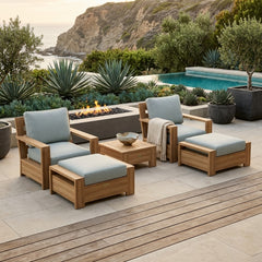 Anderson Teak 5-piece teak wood deep seating sofa set in natural wood finish, outdoor patio and garden furniture with designer colors