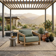 Anderson Teak Smyrna lounge armchair in teak wood with deep outdoor seating, available in nine designer colors for patio and garden.
