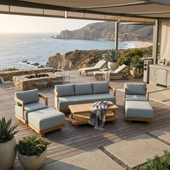 Anderson Teak 5-piece Granada deep seating outdoor sofa set with teak wood frames and plush cushions for garden lounge.