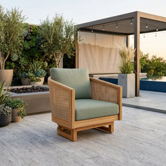 Anderson Teak Catania swivel chair with teak wood frame, deep seating, available in 9 designer colors for outdoor patio and garden.