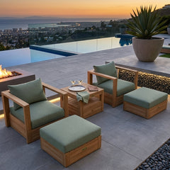 Set of two teak wood armchairs and two ottomans from Anderson Teak, outdoor deep seating for garden lounge in designer colors.