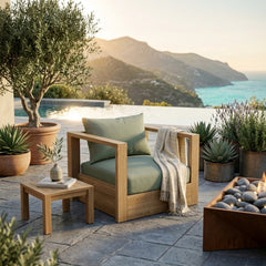 Anderson Teak COPACABANA deep seating accent armchair in outdoor luxury design, featuring a sleek frame and plush cushions.