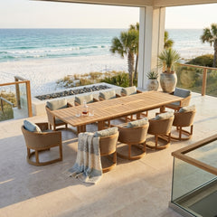 Outdoor teak dining table set by Anderson Teak, featuring a luxurious A-grade teak finish with elegant design and natural wood grain.