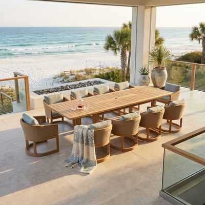 Outdoor teak dining table set by Anderson Teak, featuring a luxurious A-grade teak finish with elegant design and natural wood grain.