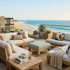 Luxury Anderson Teak ottoman with cushion, outdoor teak footstool in six designer colors for patio seating and relaxation.