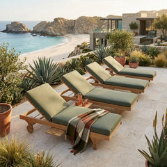 Anderson Teak sun lounger set made of A-grade teak with six designer color options, perfect for outdoor garden lounging.