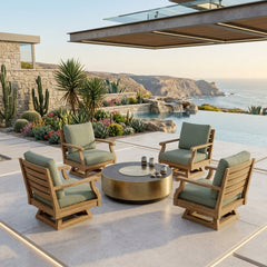 Anderson Teak Riviera swivel armchair in natural teak solid wood with colorful cushions, outdoor deep seating for patio and garden.