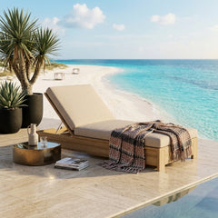 Anderson Teak Madera Sun Louver outdoor sunbed in A-grade teak wood, featuring a sleek design and six designer color options.