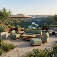 Six-piece Anderson Teak Granada deep seating outdoor sofa set with teak finish, perfect for garden lounge and patio relaxation.
