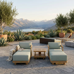 Anderson Teak SET-905 Granada 5-piece outdoor deep seating set with teak garden lounge chairs and ottomans for patio relaxation.