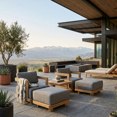 Anderson Teak Granada 5-piece deep seating outdoor sofa set with swivel chairs and ottomans for garden lounge comfort.