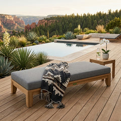 Anderson Teak Riviera 72-inch outdoor daybed with A-grade teak wood, shown in one of nine designer colors for garden lounging.