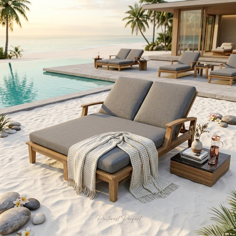 Anderson Teak Brianna double sun lounger made of A-grade teak wood, featuring a sleek design and available in nine designer colors.