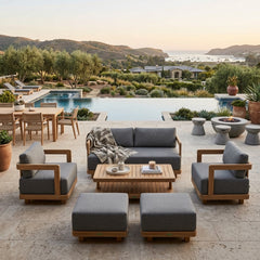 Anderson Teak 6-piece Granada deep seating outdoor patio sofa set with teak wood frames and plush cushions for garden lounge.