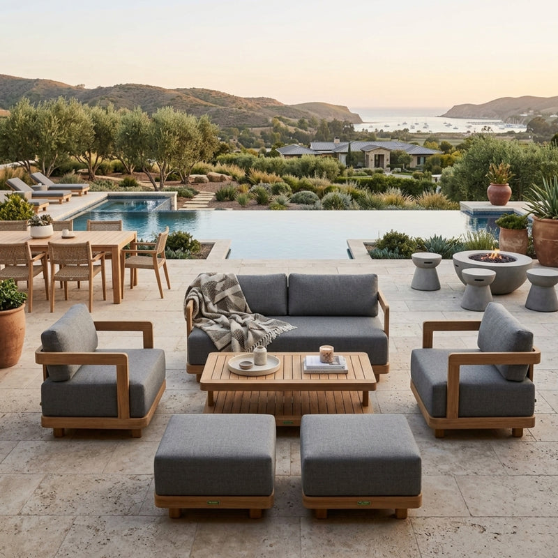 Anderson Teak 6-piece Granada deep seating outdoor patio sofa set with teak wood frames and plush cushions for garden lounge.