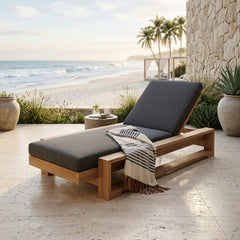 Anderson Teak Capistrano Sun Lounger in A-grade teak wood with designer color options, perfect for outdoor garden lounging.