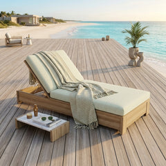 Anderson Teak Madera Sun Lounger in A-grade teak wood, luxury outdoor sunbed with a sleek design and seven color options.
