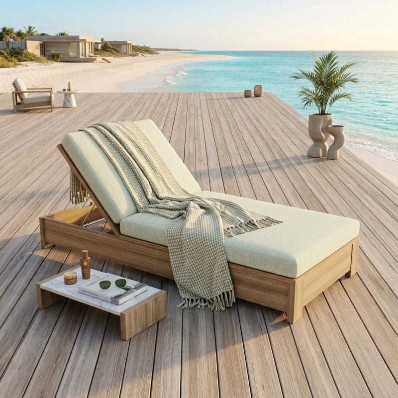 Anderson Teak Madera Sun Lounger in A-grade teak wood, luxury outdoor sunbed with a sleek design and seven color options.