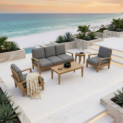 Outdoor patio sofa from Anderson Teak Brianna Deep Seating collection in a modern garden lounge setting, available in nine designer colors.
