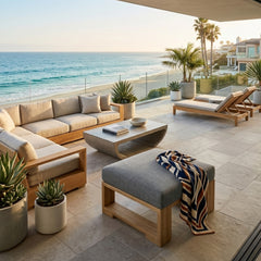Anderson Teak Capistrano deep seating ottoman in natural teak wood, designed for outdoor patio use, with 9 designer color options.