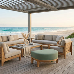 Coronado outdoor teak ottoman by Anderson Teak in a stylish design, featuring a smooth wooden surface and multiple color options.