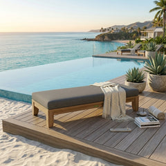 Outdoor daybed by Anderson Teak featuring A-grade teak wood, designed for garden lounging with a sleek, modern look.
