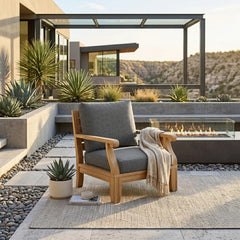 Riviera modular teak wood armchair by Anderson Teak, outdoor deep seating with a sleek design and natural teak finish.