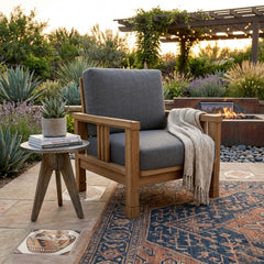 Southbay teak wood deep seating accent armchair by Anderson Teak with plush cushions, outdoor patio or garden setting, 9 designer colors