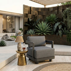 Anderson Teak Granada aluminum swivel armchair with deep outdoor seating, available in 9 designer colors for patio and garden use.