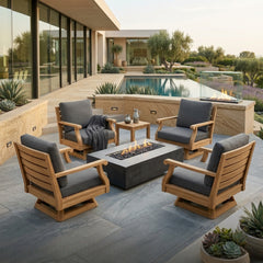 Anderson Teak Riviera Swivel Armchair with A-Grade teak wood, outdoor deep seating, in one of seven designer colors, for patio or garden.