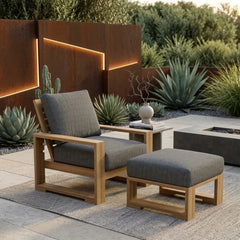 Anderson Teak Capistrano deep seating set with one armchair and table, shown in a designer color for outdoor patio garden lounge.