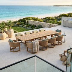 Outdoor sofa from Anderson Teak's 11-piece Catania dining set in designer colors, made of high-quality A-Grade teak for patio use.
