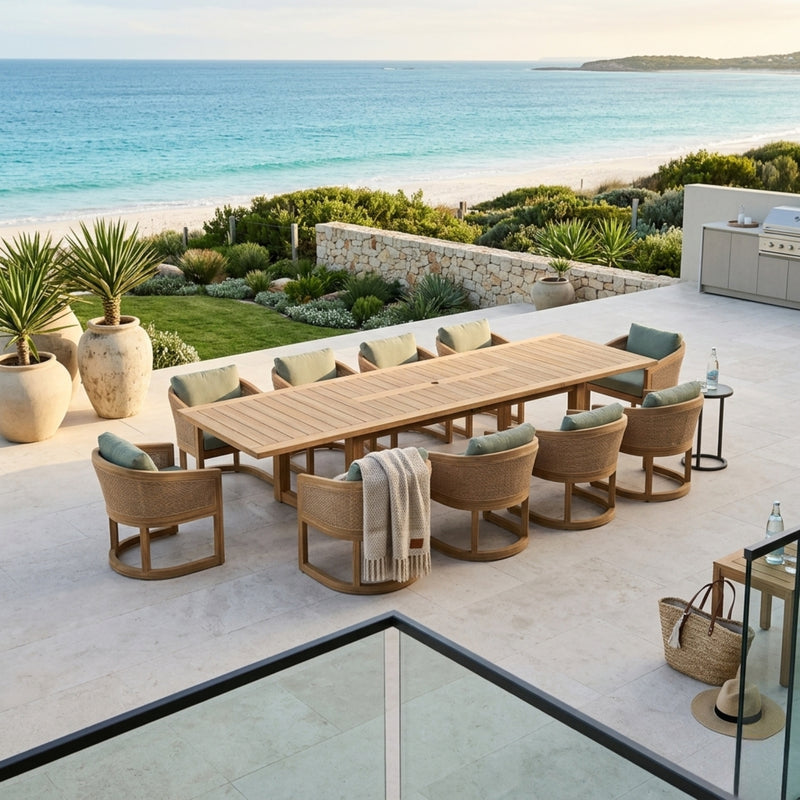 Outdoor sofa from Anderson Teak's 11-piece Catania dining set in designer colors, made of high-quality A-Grade teak for patio use.