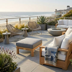 Southbay deep seating outdoor teak ottoman by Anderson Teak, featuring a sleek design and available in 9 designer colors.