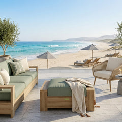 Luxury Anderson Teak Madera Ottoman outdoor teak footstool in 7 designer colors, ideal for patio seating or relaxation.