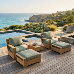 Anderson Teak 5-piece teak wood deep seating outdoor sofa set with cushions in various designer colors for patio and garden.