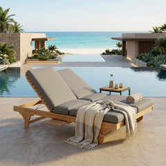 Anderson Teak BEL-AIR Double Sun Louver teak wood sunbed with cushions in 9 designer colors, ideal for outdoor patio or garden lounge.