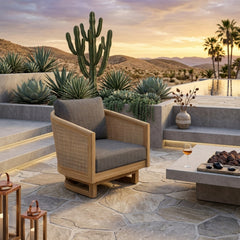 Anderson Teak Catania swivel chair with teak solid wood frame, deep seating, in one of nine designer outdoor colors.
